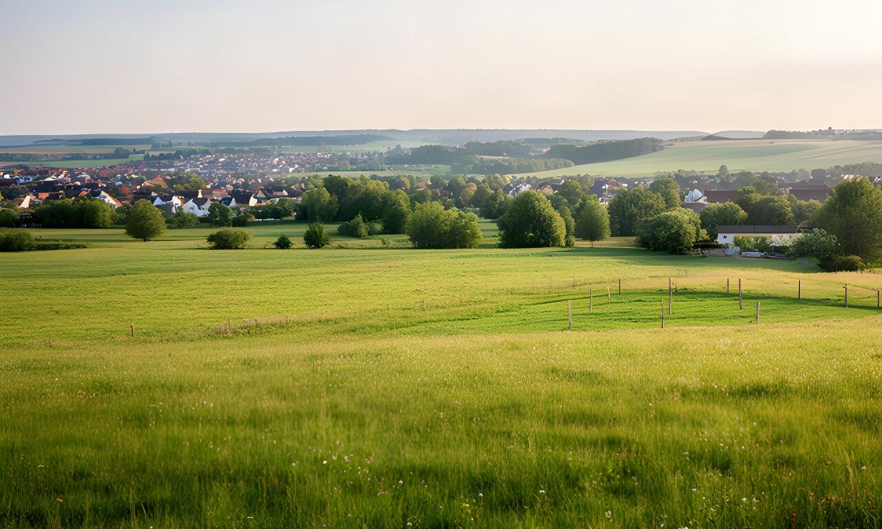 Grüne Wiese am Ortsrand von Duderstadt mit markierter Fläche für ein zukünftiges Einfamilienhaus
