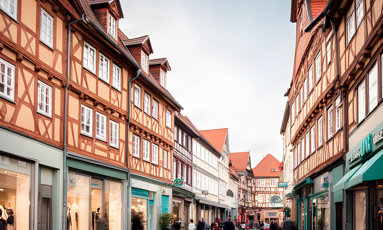 Belebte Einkaufsstraße in Duderstadt mit historischen Fassaden und sichtbaren Ladenlokalen