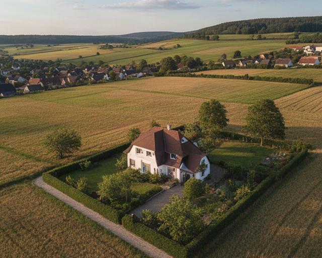 Drohnenaufnahme eines ländlichen Grundstücks mit Haus und Feldern bei Duderstadt