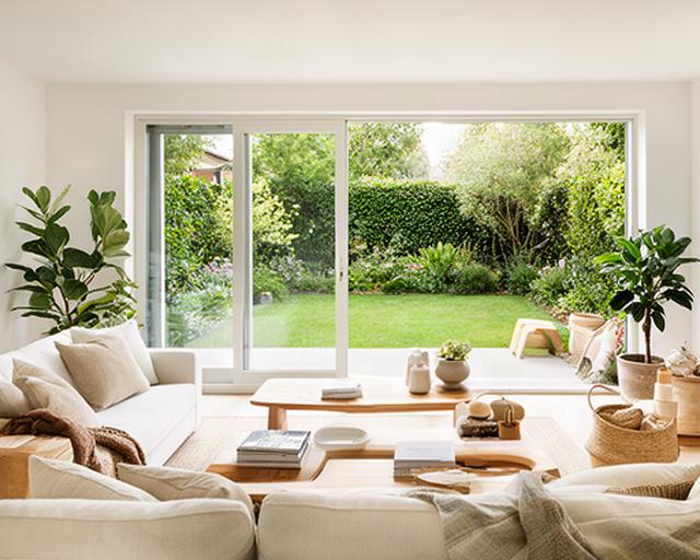 Professionell fotografiertes Wohnzimmer eines Einfamilienhauses mit Blick in den Garten