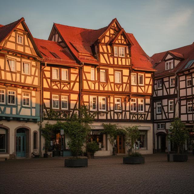 Warme Fachwerkfassade am Duderstädter Marktplatz bei spätem Nachmittagslicht