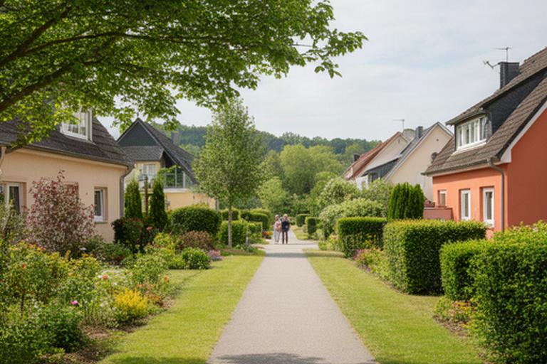 Grüne Wohnstraße am Stadtrand von Duderstadt mit gepflegten Gärten und Spazierweg