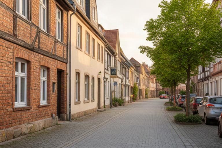 Ruhige Straße in Duderstadt mit historischen Häusern, breitem Gehweg und wenig Verkehr